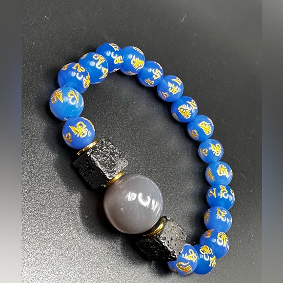 LIGH BLUE AGATE OM + CHALCEDONY NATURAL STONES BRACELET size7 - Picture 4 of 11
